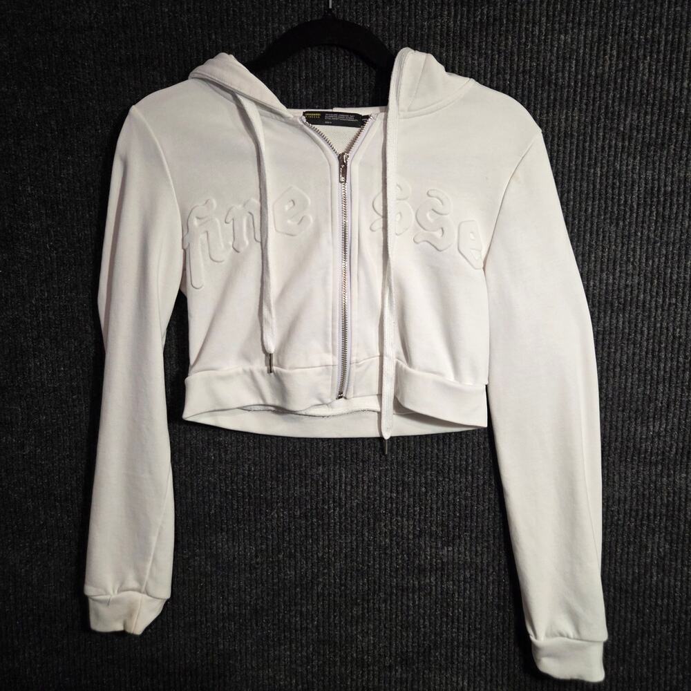 Finesse White Cropped Zip-Up Hoodie | Y2K Aesthetic Minimalist Streetwear Small